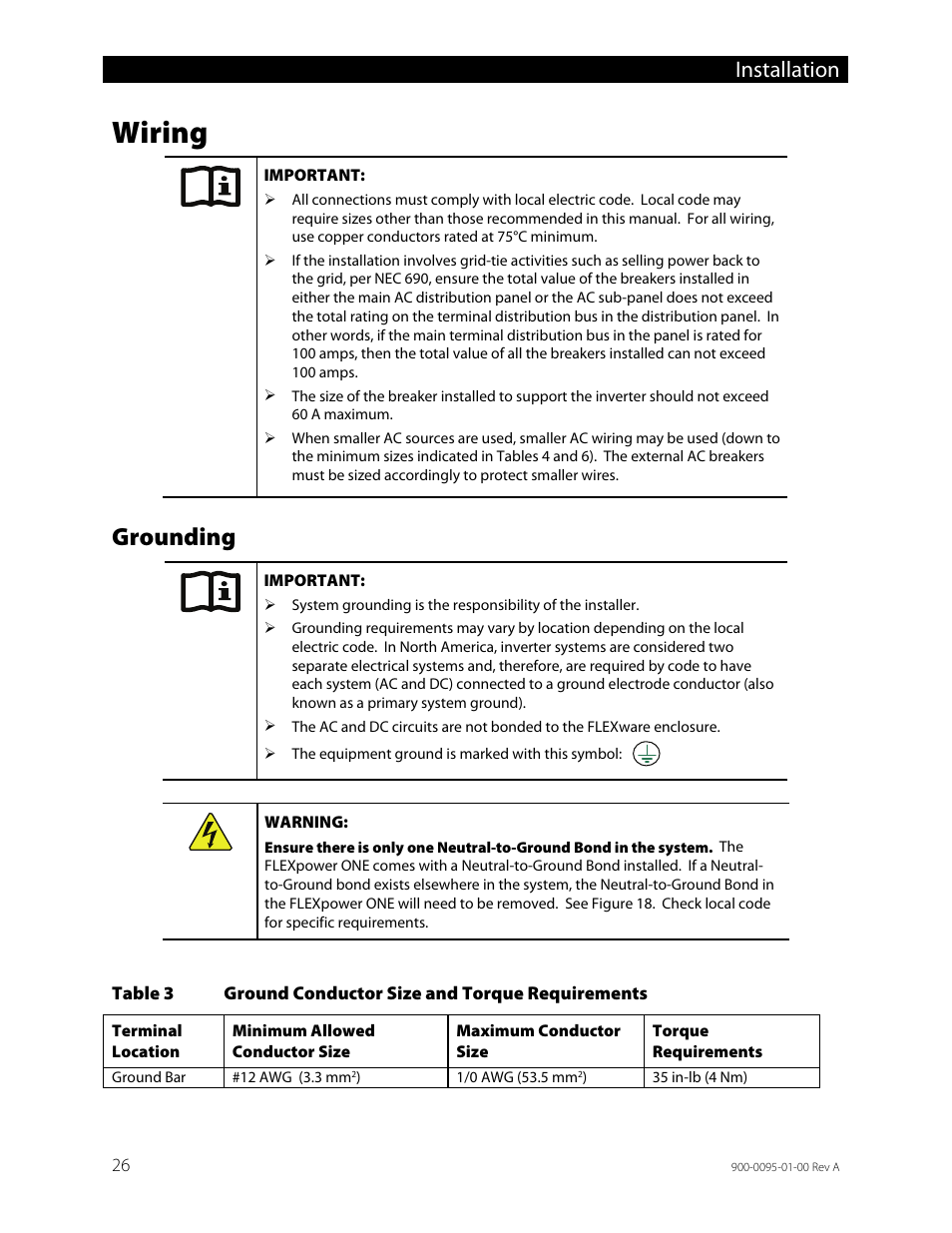 Wiring, Grounding, Table 3 | Ground conductor size and torque requirements, Installation | Outback Power Systems FLEXpower ONE One Fully Pre-Wired Single Inverter System Installation Manual User Manual | Page 28 / 72