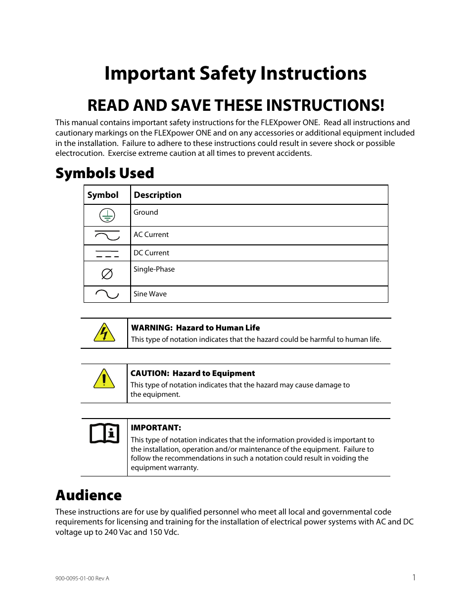 Important safety instructions, Symbols used, Audience | Read and save these instructions | Outback Power Systems FLEXpower ONE One Fully Pre-Wired Single Inverter System Installation Manual User Manual | Page 3 / 72