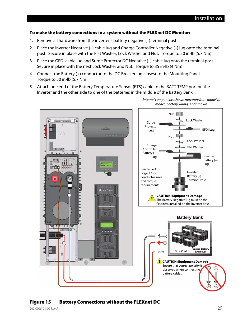 Figure 15, Battery connections without the flexnet dc, Flexnet dc monitor, see figure | Installation | Outback Power Systems FLEXpower ONE One Fully Pre-Wired Single Inverter System Installation Manual User Manual | Page 31 / 72