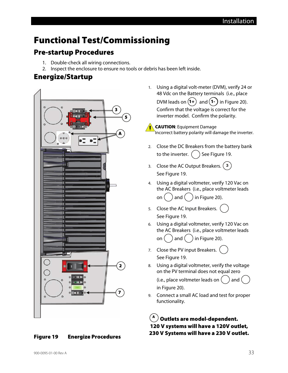 Functional test/commissioning, Pre-startup procedures, Energize/startup | Figure 19, Energize procedures, Installation | Outback Power Systems FLEXpower ONE One Fully Pre-Wired Single Inverter System Installation Manual User Manual | Page 35 / 72