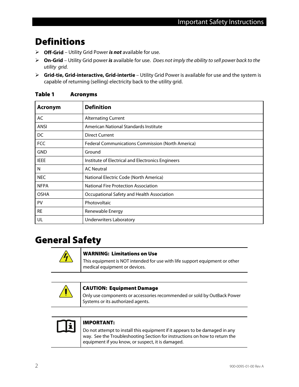 Definitions, General safety, Important safety instructions | Outback Power Systems FLEXpower ONE One Fully Pre-Wired Single Inverter System Installation Manual User Manual | Page 4 / 72