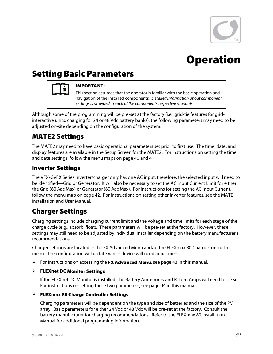 Setting basic parameters, Mate2 settings, Charger settings | Operation | Outback Power Systems FLEXpower ONE One Fully Pre-Wired Single Inverter System Installation Manual User Manual | Page 41 / 72