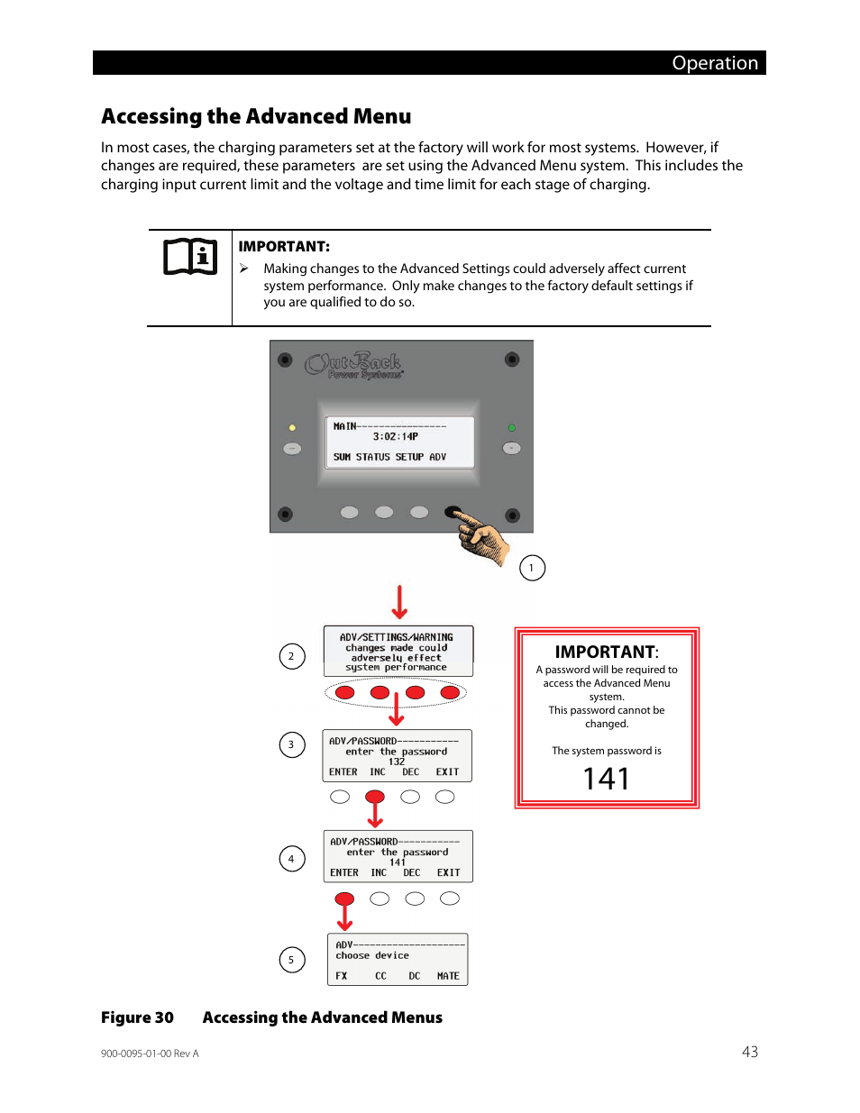 Accessing the advanced menu, Figure 30, Accessing the advanced menus | Operation, Important | Outback Power Systems FLEXpower ONE One Fully Pre-Wired Single Inverter System Installation Manual User Manual | Page 45 / 72