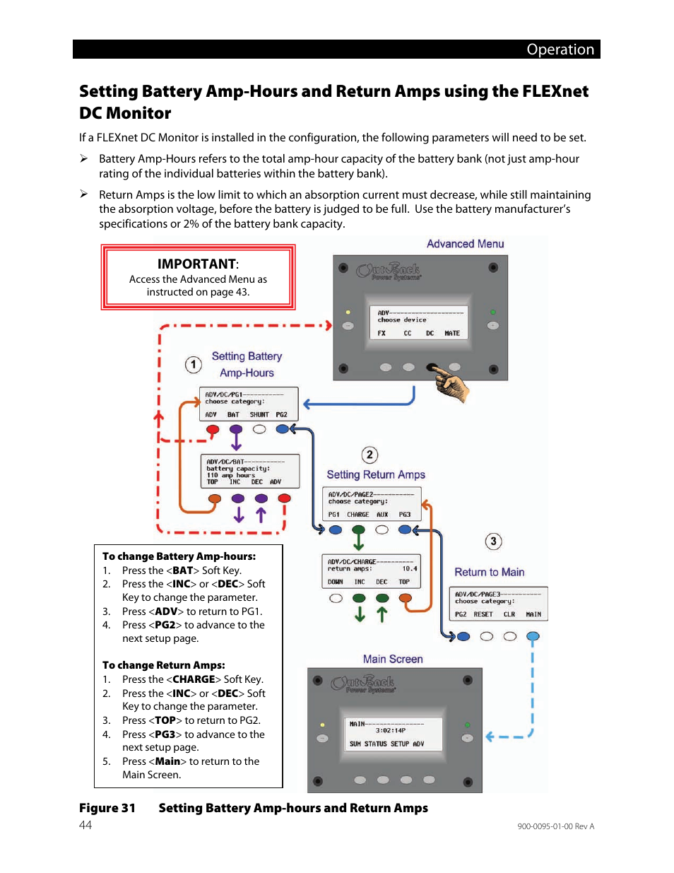 Figure 31, Setting battery amp-hours and return amps, Operation | Important | Outback Power Systems FLEXpower ONE One Fully Pre-Wired Single Inverter System Installation Manual User Manual | Page 46 / 72