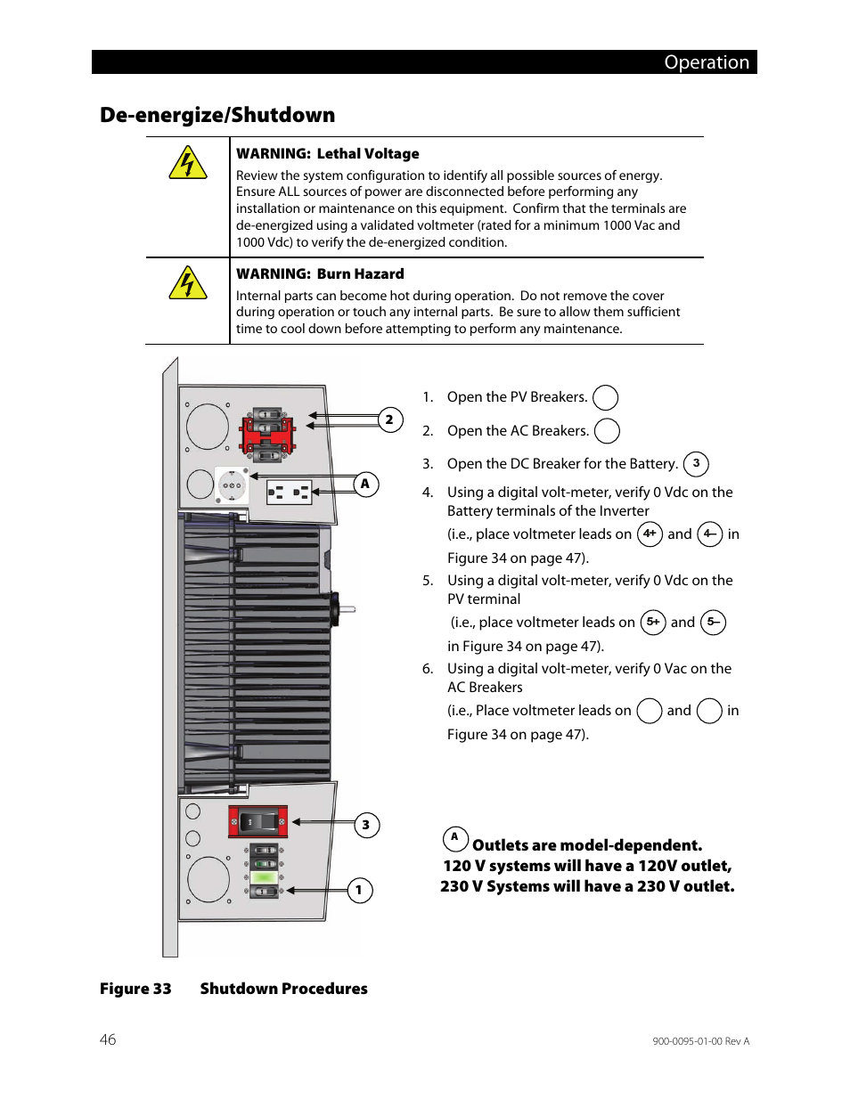 De-energize/shutdown, Figure 33, Shutdown procedures | Operation | Outback Power Systems FLEXpower ONE One Fully Pre-Wired Single Inverter System Installation Manual User Manual | Page 48 / 72