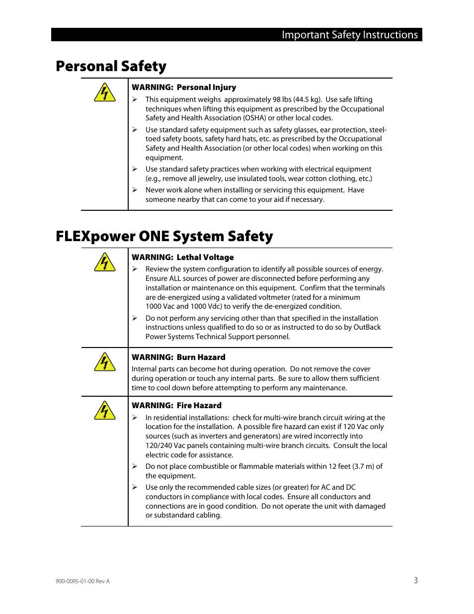 Personal safety, Flexpower one system safety, Important safety instructions | Outback Power Systems FLEXpower ONE One Fully Pre-Wired Single Inverter System Installation Manual User Manual | Page 5 / 72