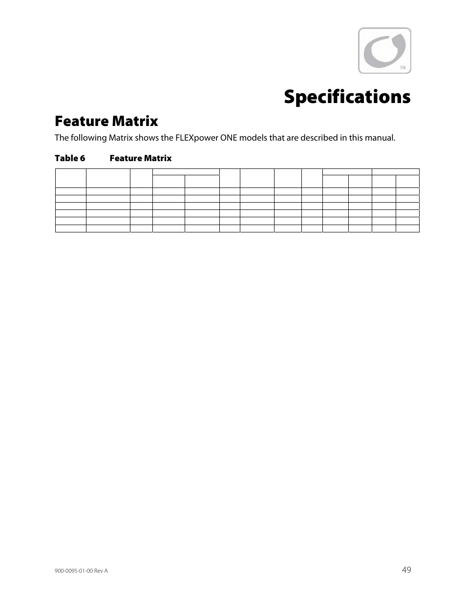 Feature matrix, Specifications, Table 6 | Outback Power Systems FLEXpower ONE One Fully Pre-Wired Single Inverter System Installation Manual User Manual | Page 51 / 72