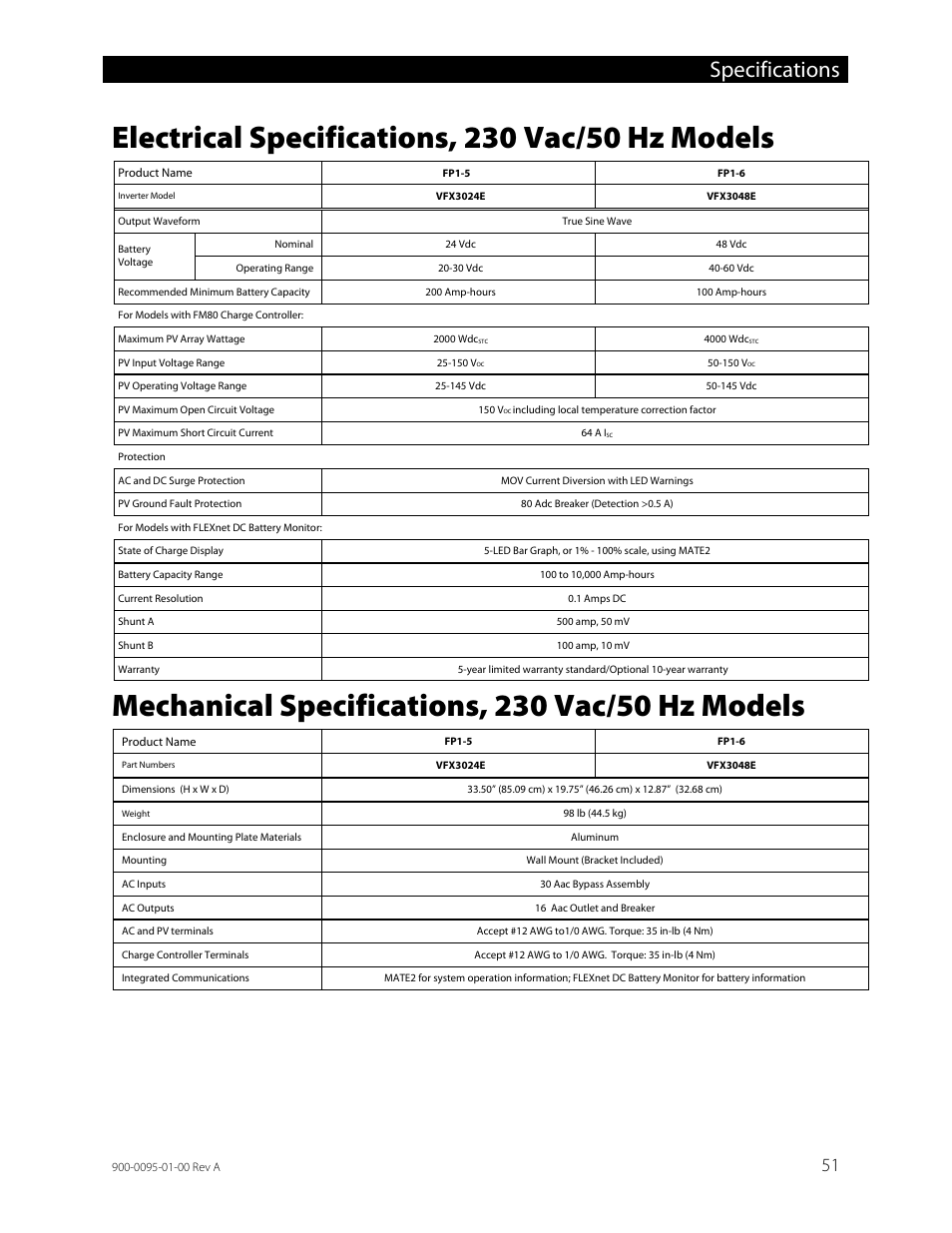 Electrical specifications, 230 vac/50 hz models, Mechanical specifications, 230 vac/50 hz models, Specifications | Outback Power Systems FLEXpower ONE One Fully Pre-Wired Single Inverter System Installation Manual User Manual | Page 53 / 72