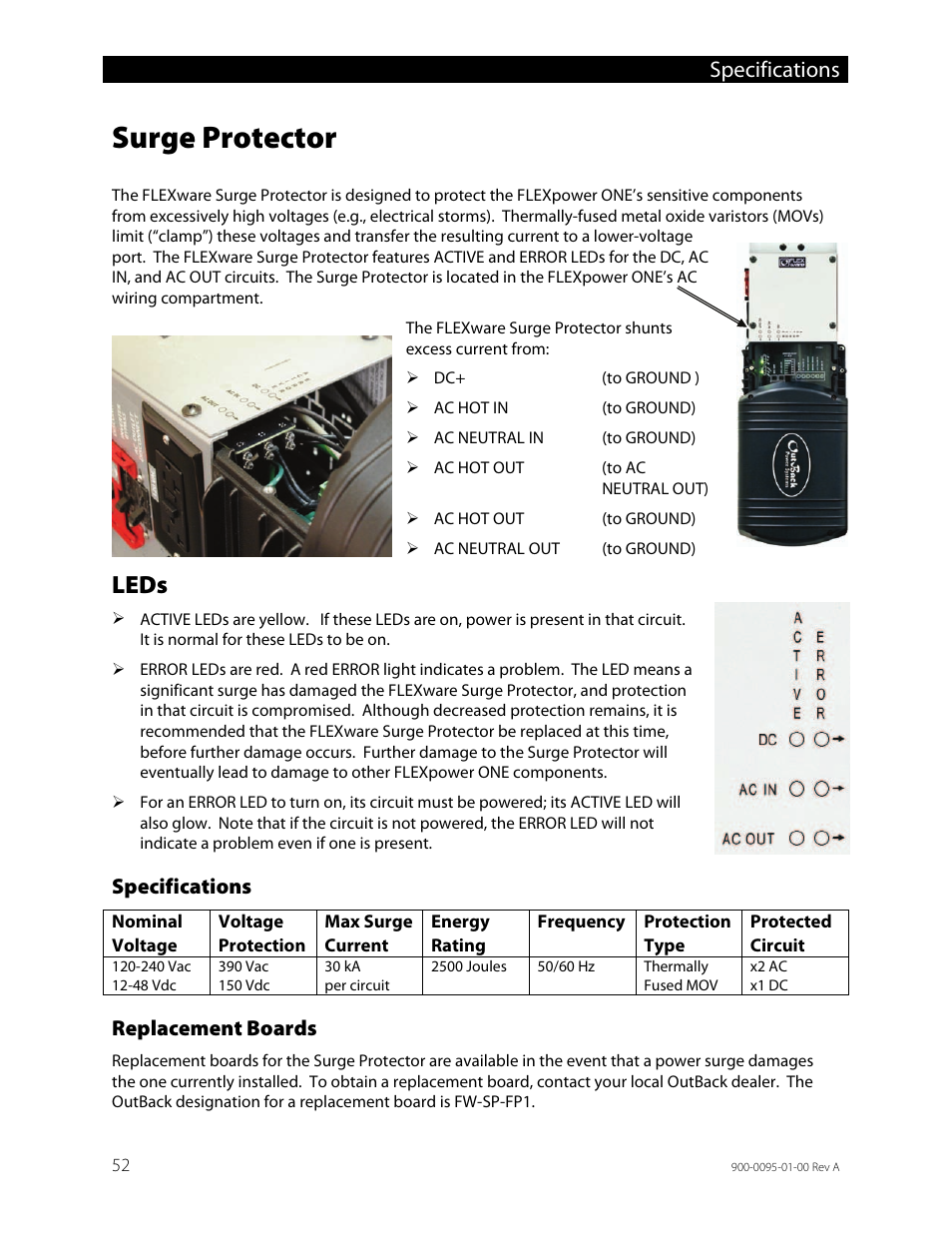 Surge protector, Leds, Specifications | Outback Power Systems FLEXpower ONE One Fully Pre-Wired Single Inverter System Installation Manual User Manual | Page 54 / 72