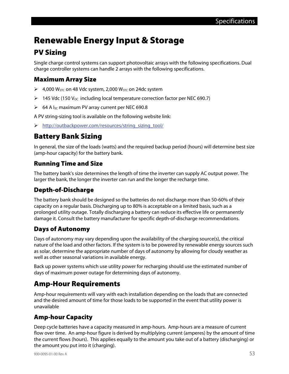 Renewable energy input & storage, Pv sizing, Maximum array size | Battery bank sizing, Running time and size, Depth-of-discharge, Days of autonomy, Amp-hour requirements, Amp-hour capacity, Specifications | Outback Power Systems FLEXpower ONE One Fully Pre-Wired Single Inverter System Installation Manual User Manual | Page 55 / 72