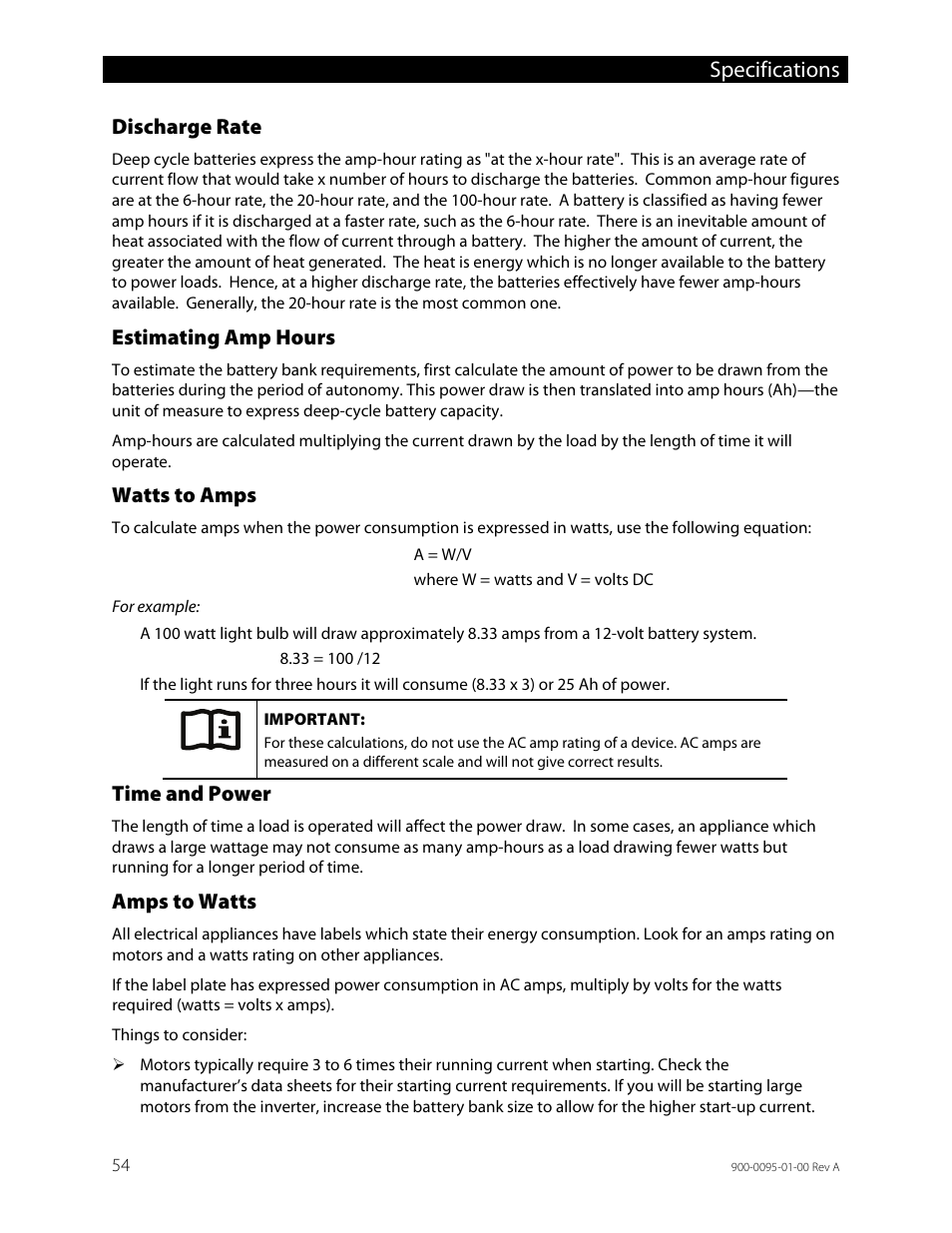 Discharge rate, Estimating amp hours, Watts to amps | Time and power, Amps to watts, Specifications | Outback Power Systems FLEXpower ONE One Fully Pre-Wired Single Inverter System Installation Manual User Manual | Page 56 / 72