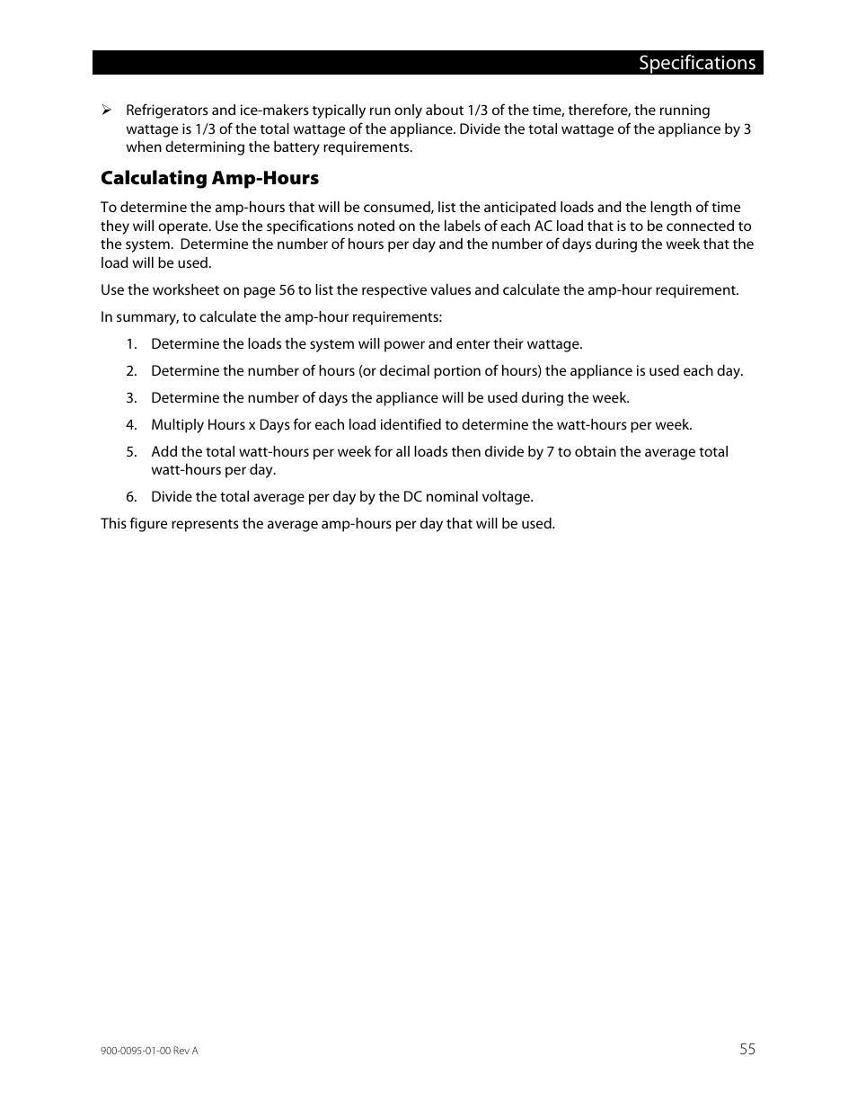 Calculating amp-hours, Specifications | Outback Power Systems FLEXpower ONE One Fully Pre-Wired Single Inverter System Installation Manual User Manual | Page 57 / 72