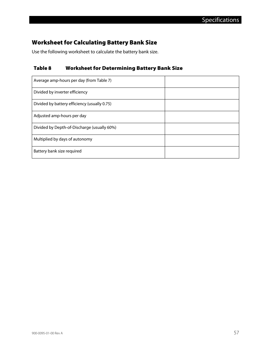 Worksheet for calculating battery bank size, Table 8, Worksheet for determining battery bank size | Specifications | Outback Power Systems FLEXpower ONE One Fully Pre-Wired Single Inverter System Installation Manual User Manual | Page 59 / 72