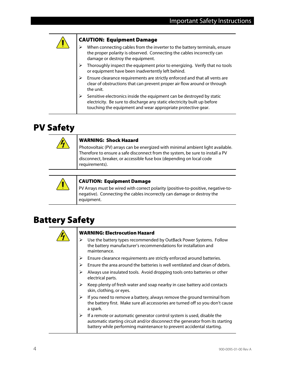 Pv safety, Battery safety, Important safety instructions | Outback Power Systems FLEXpower ONE One Fully Pre-Wired Single Inverter System Installation Manual User Manual | Page 6 / 72