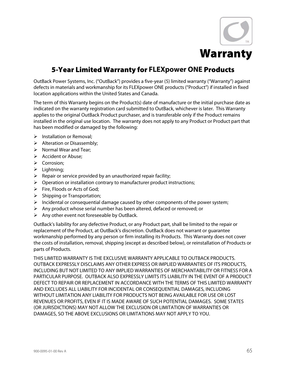 Year limited warranty for flexpower one products, Warranty | Outback Power Systems FLEXpower ONE One Fully Pre-Wired Single Inverter System Installation Manual User Manual | Page 67 / 72