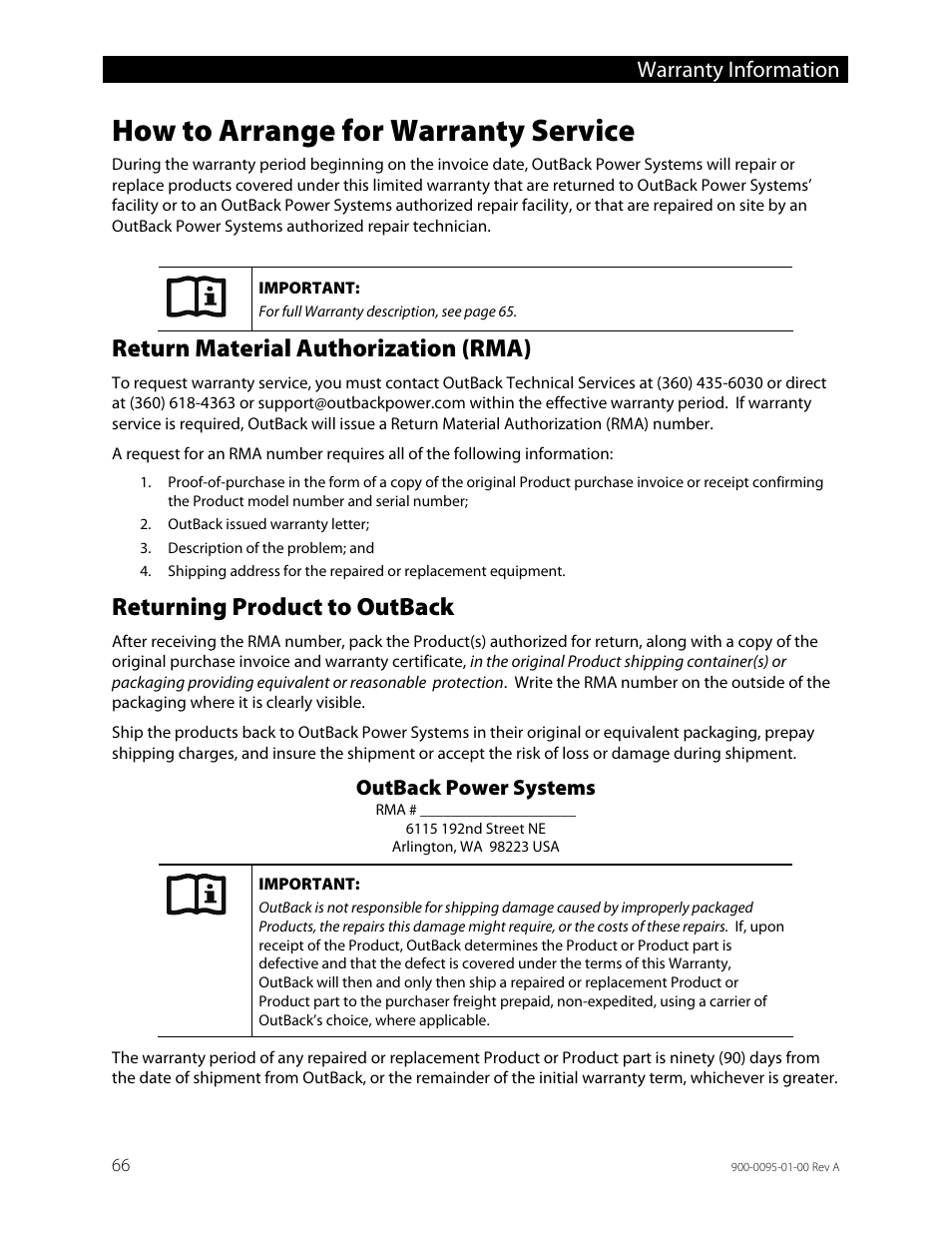 How to arrange for warranty service, Return material authorization (rma), Returning product to outback | Warranty information, Outback power systems | Outback Power Systems FLEXpower ONE One Fully Pre-Wired Single Inverter System Installation Manual User Manual | Page 68 / 72