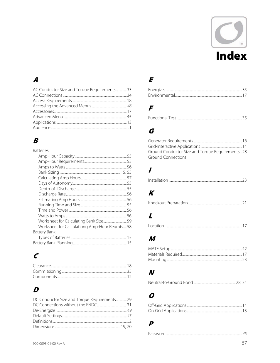 Index | Outback Power Systems FLEXpower ONE One Fully Pre-Wired Single Inverter System Installation Manual User Manual | Page 69 / 72