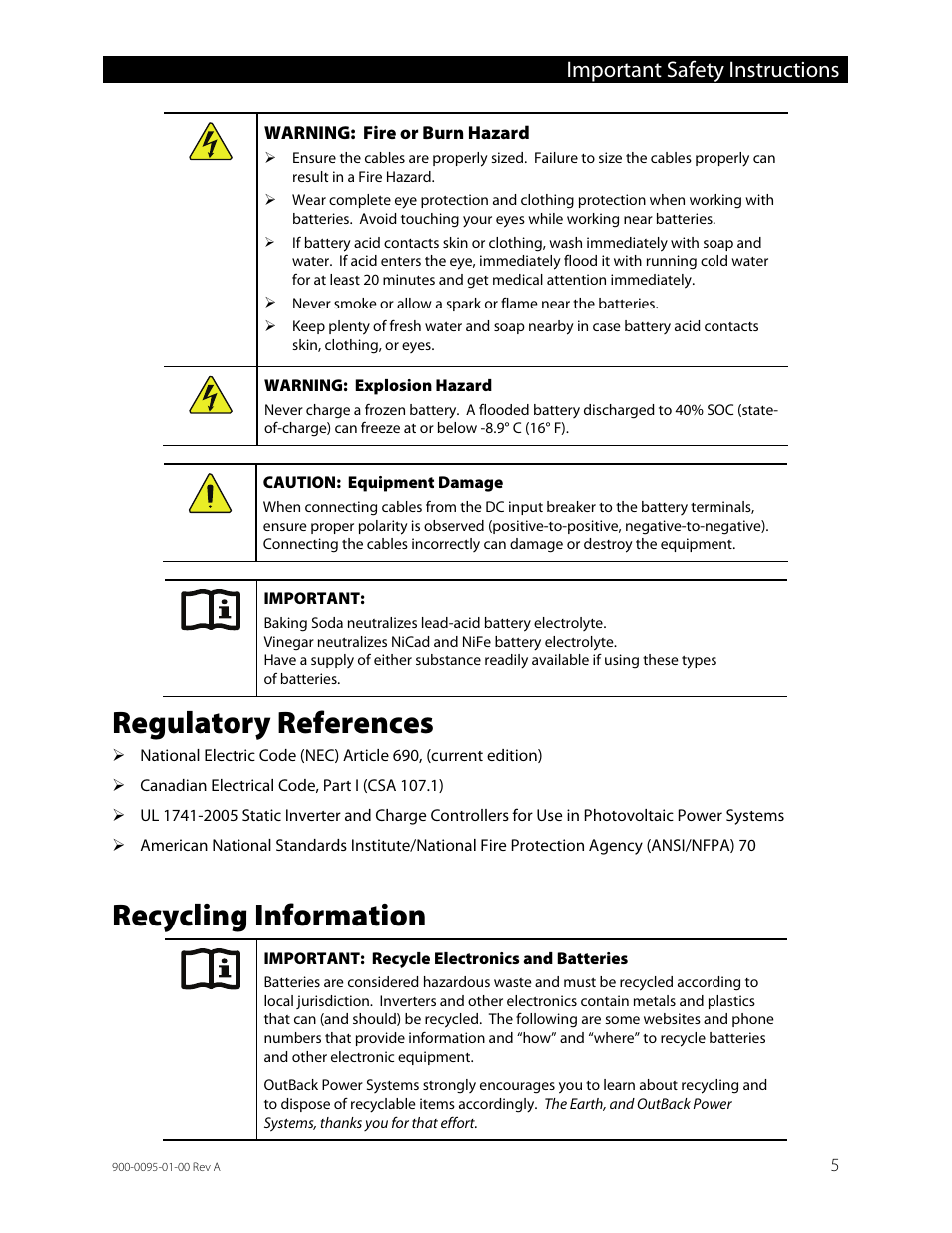 Regulatory references, Recycling information, Important safety instructions | Outback Power Systems FLEXpower ONE One Fully Pre-Wired Single Inverter System Installation Manual User Manual | Page 7 / 72