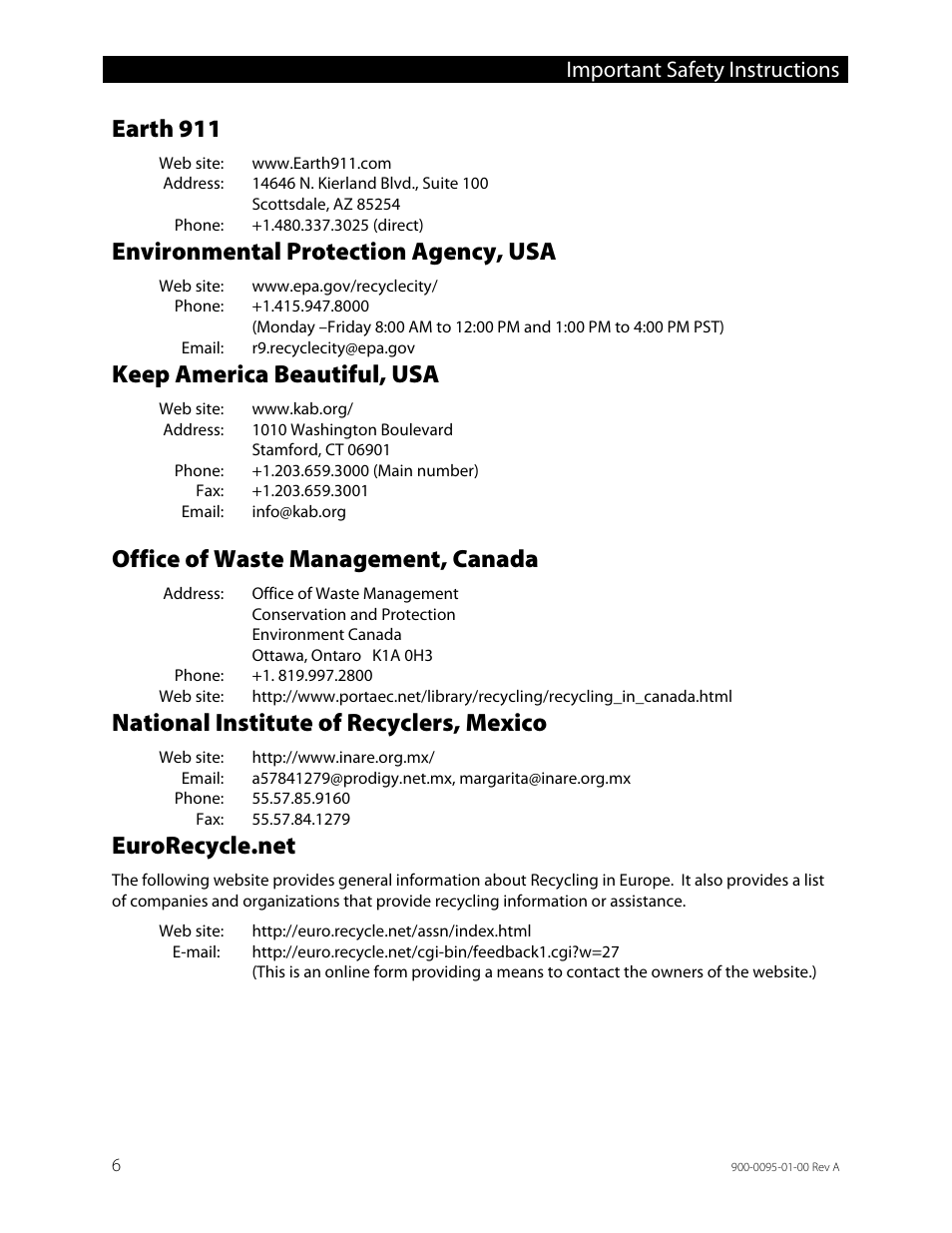 Earth 911, Environmental protection agency, usa, Keep america beautiful, usa | Office of waste management, canada, National institute of recyclers, mexico, Eurorecycle.net, Important safety instructions | Outback Power Systems FLEXpower ONE One Fully Pre-Wired Single Inverter System Installation Manual User Manual | Page 8 / 72