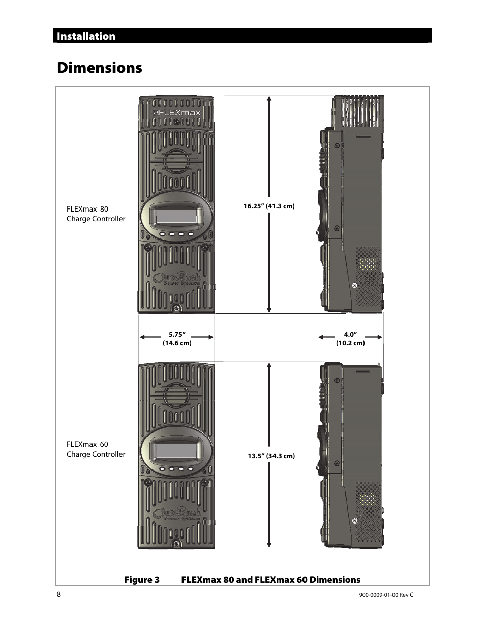 Dimensions, Installation | Outback Power Systems FLEXmax 80 Owners Manual User Manual | Page 10 / 112