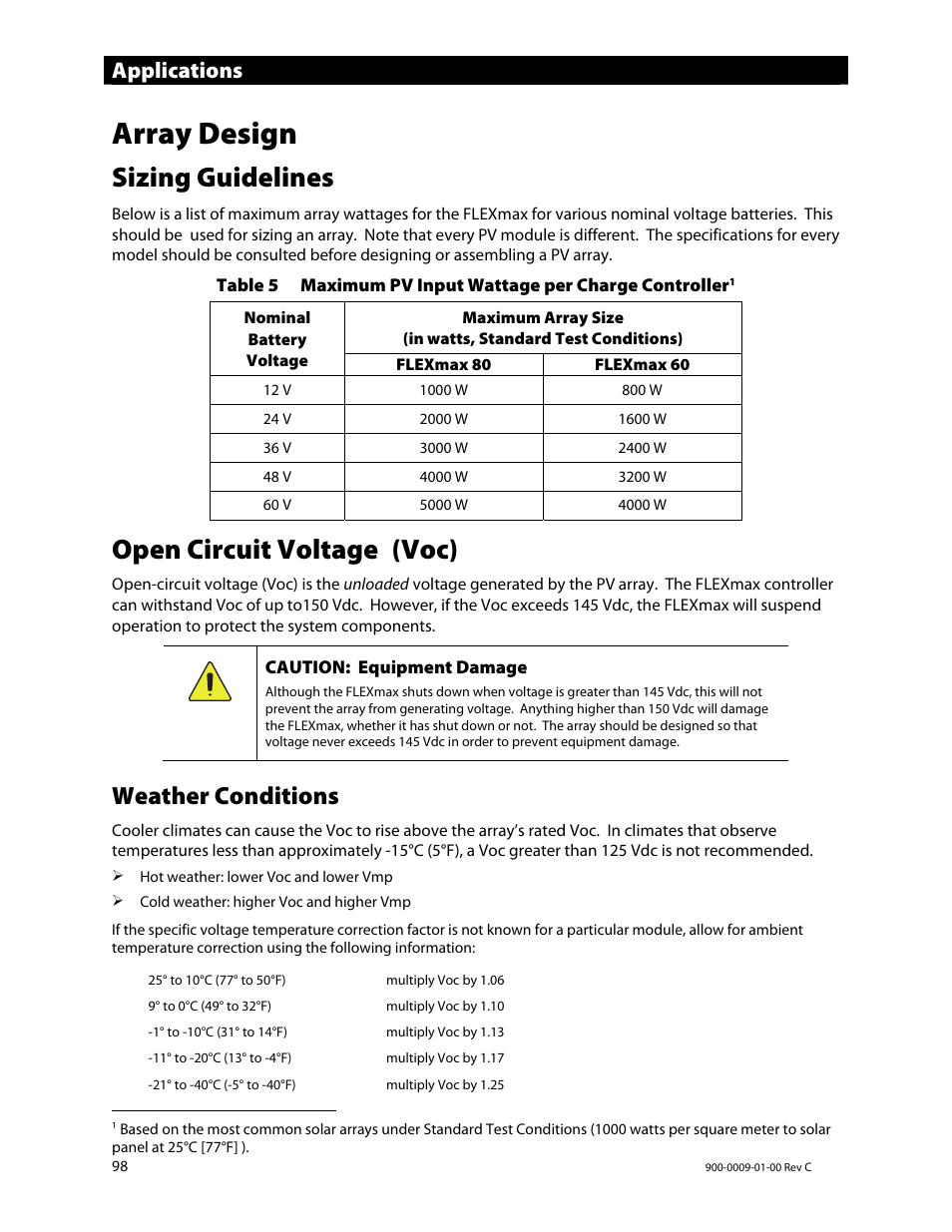 Array design, Sizing guidelines, Open circuit voltage | Voc), Weather conditions, Applications | Outback Power Systems FLEXmax 80 Owners Manual User Manual | Page 100 / 112