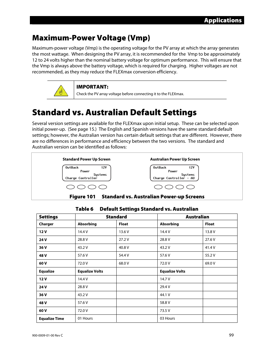 Standard vs. australian default settings, Maximum-power voltage (vmp), Applications | Outback Power Systems FLEXmax 80 Owners Manual User Manual | Page 101 / 112