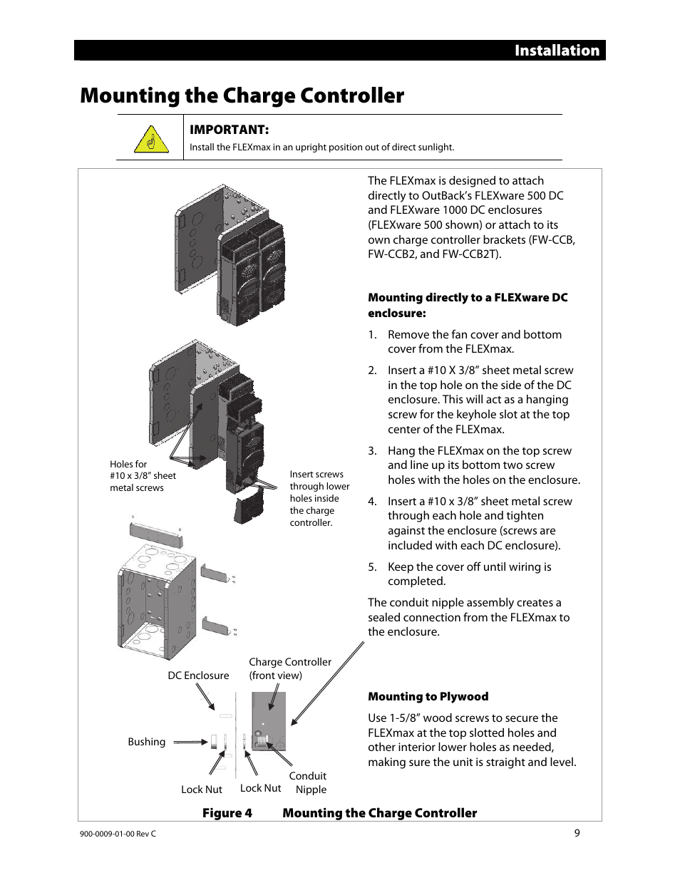 Mounting the charge controller, Installation | Outback Power Systems FLEXmax 80 Owners Manual User Manual | Page 11 / 112