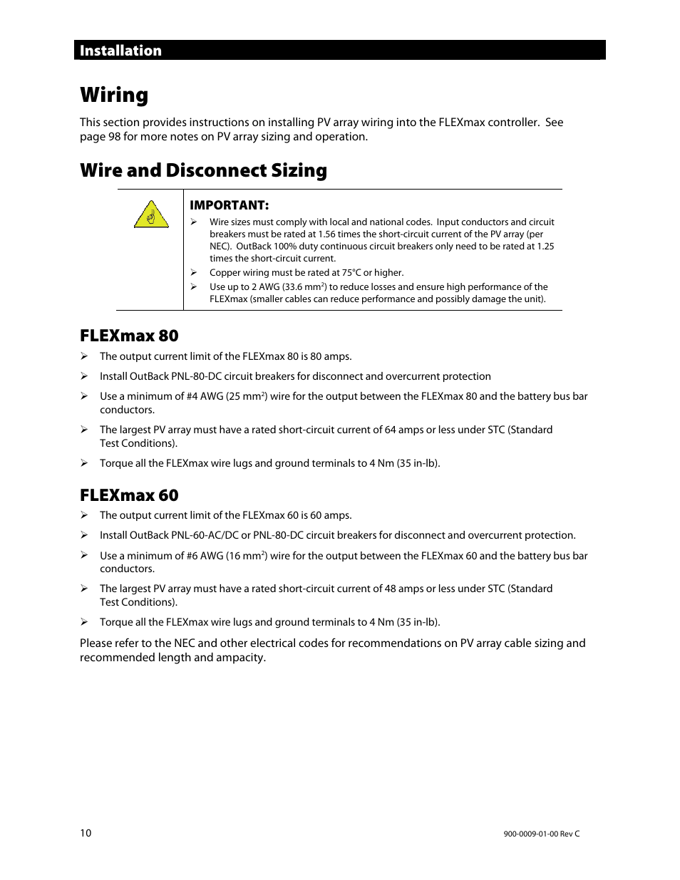 Wiring, Wire and disconnect sizing, Flexmax 80 | Flexmax 60, Installation | Outback Power Systems FLEXmax 80 Owners Manual User Manual | Page 12 / 112