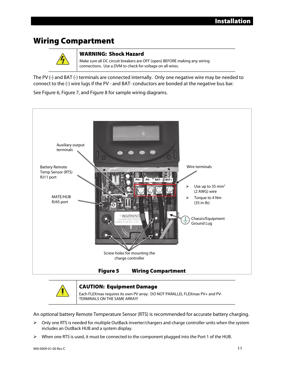 Wiring compartment, Installation, Warning: shock hazard | Figure 5 wiring compartment, Caution: equipment damage | Outback Power Systems FLEXmax 80 Owners Manual User Manual | Page 13 / 112