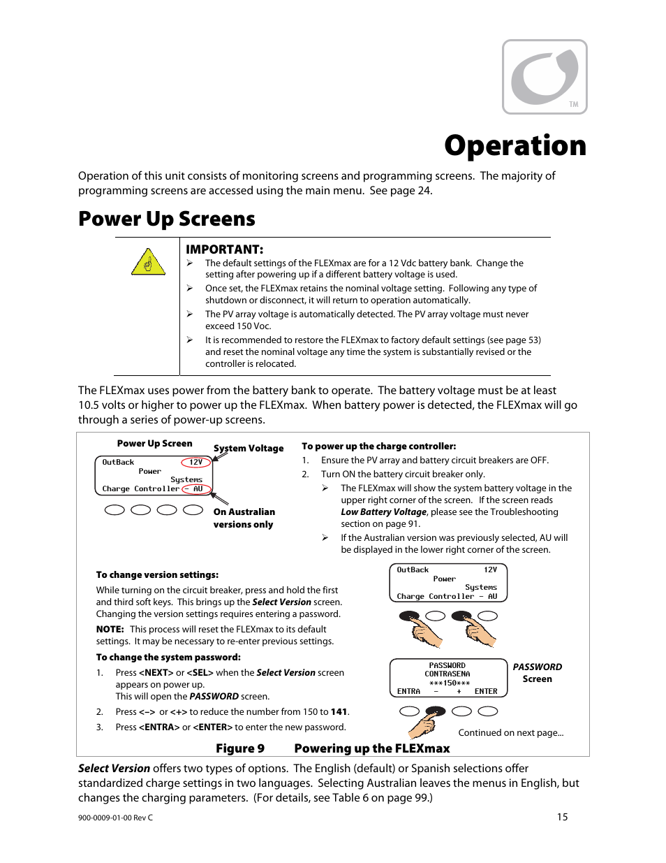 Operation, Power up screens | Outback Power Systems FLEXmax 80 Owners Manual User Manual | Page 17 / 112