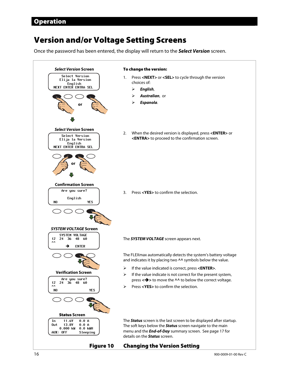 Version and/or voltage setting screens, Operation, Figure 10 changing the version setting | Outback Power Systems FLEXmax 80 Owners Manual User Manual | Page 18 / 112