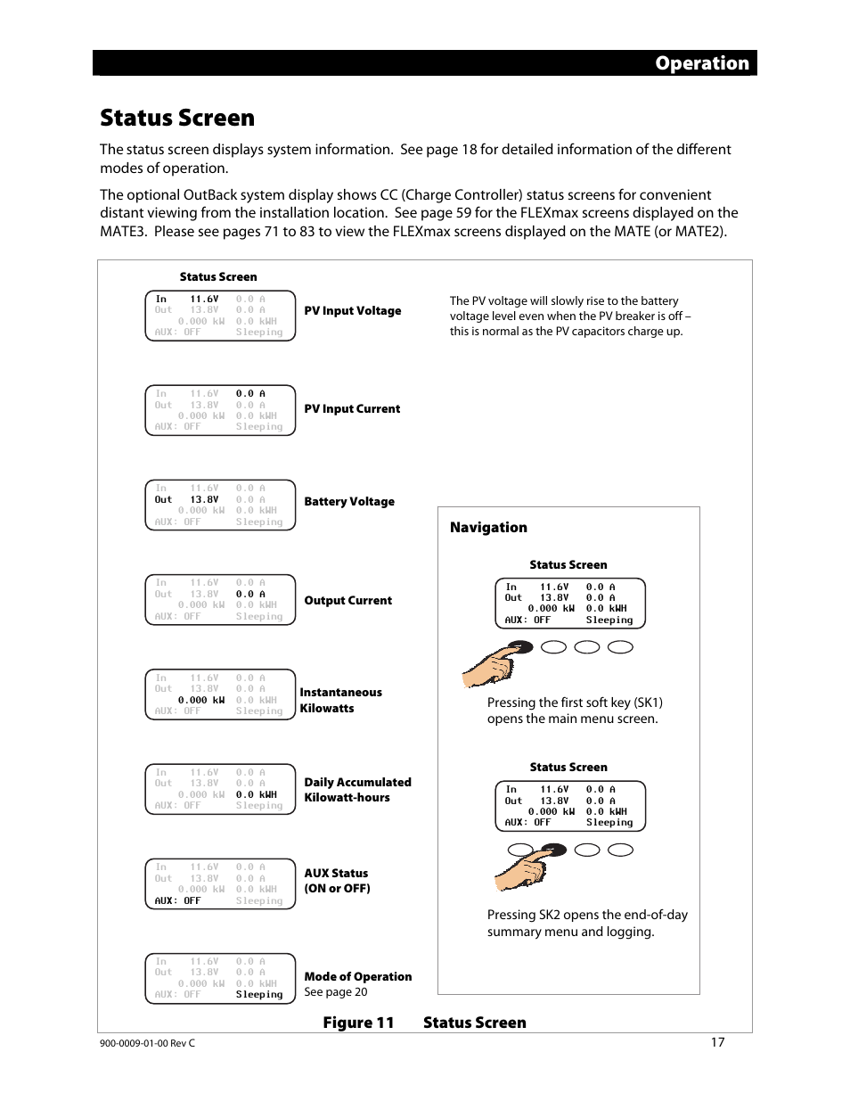 Status screen, Operation, Figure 11 status screen | Outback Power Systems FLEXmax 80 Owners Manual User Manual | Page 19 / 112