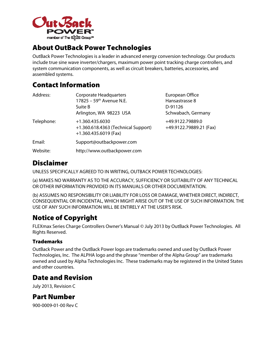 About outback power technologies, Contact information, Disclaimer | Notice of copyright, Date and revision, Part number | Outback Power Systems FLEXmax 80 Owners Manual User Manual | Page 2 / 112