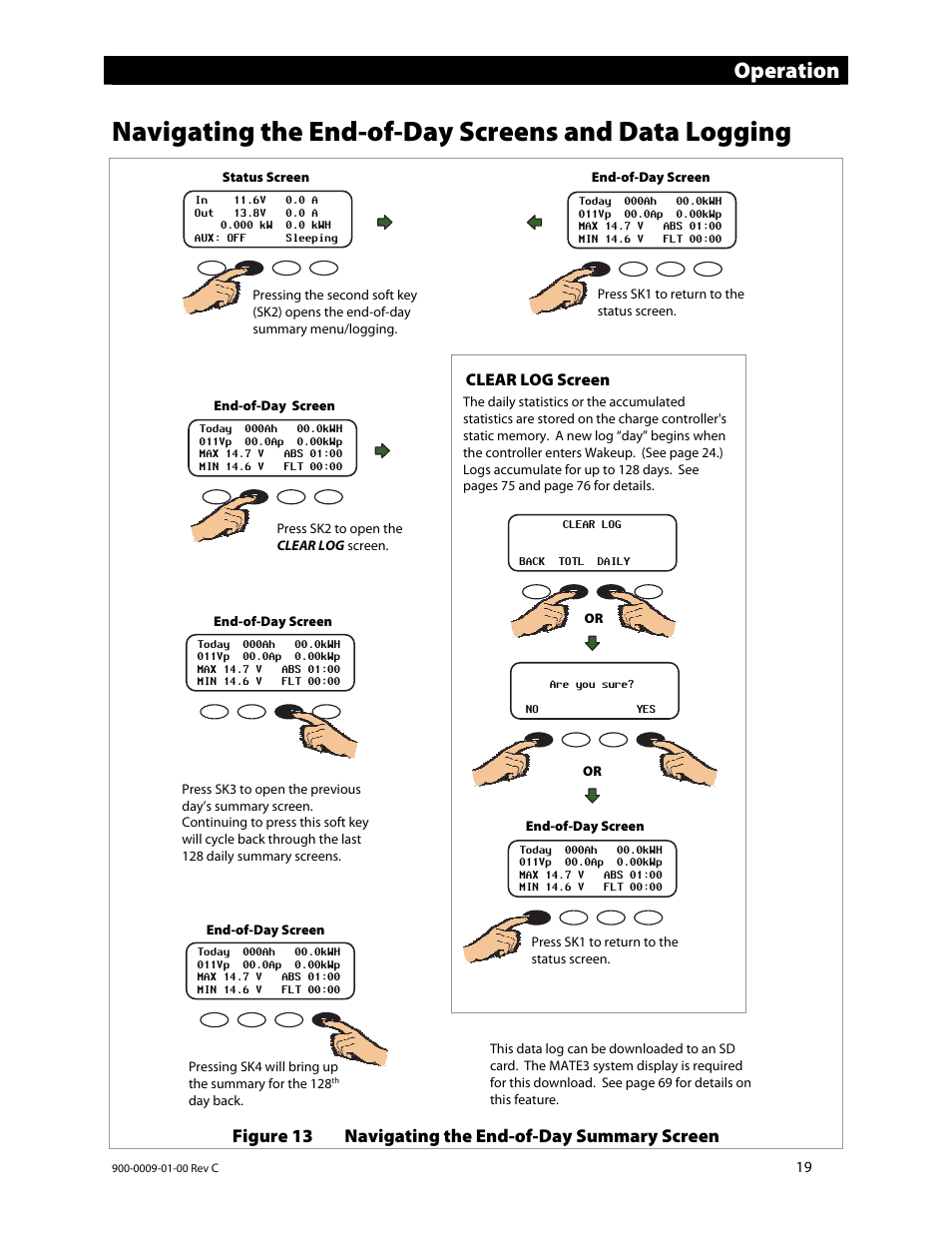 Navigating the end-of-day screens and data logging, Operation | Outback Power Systems FLEXmax 80 Owners Manual User Manual | Page 21 / 112