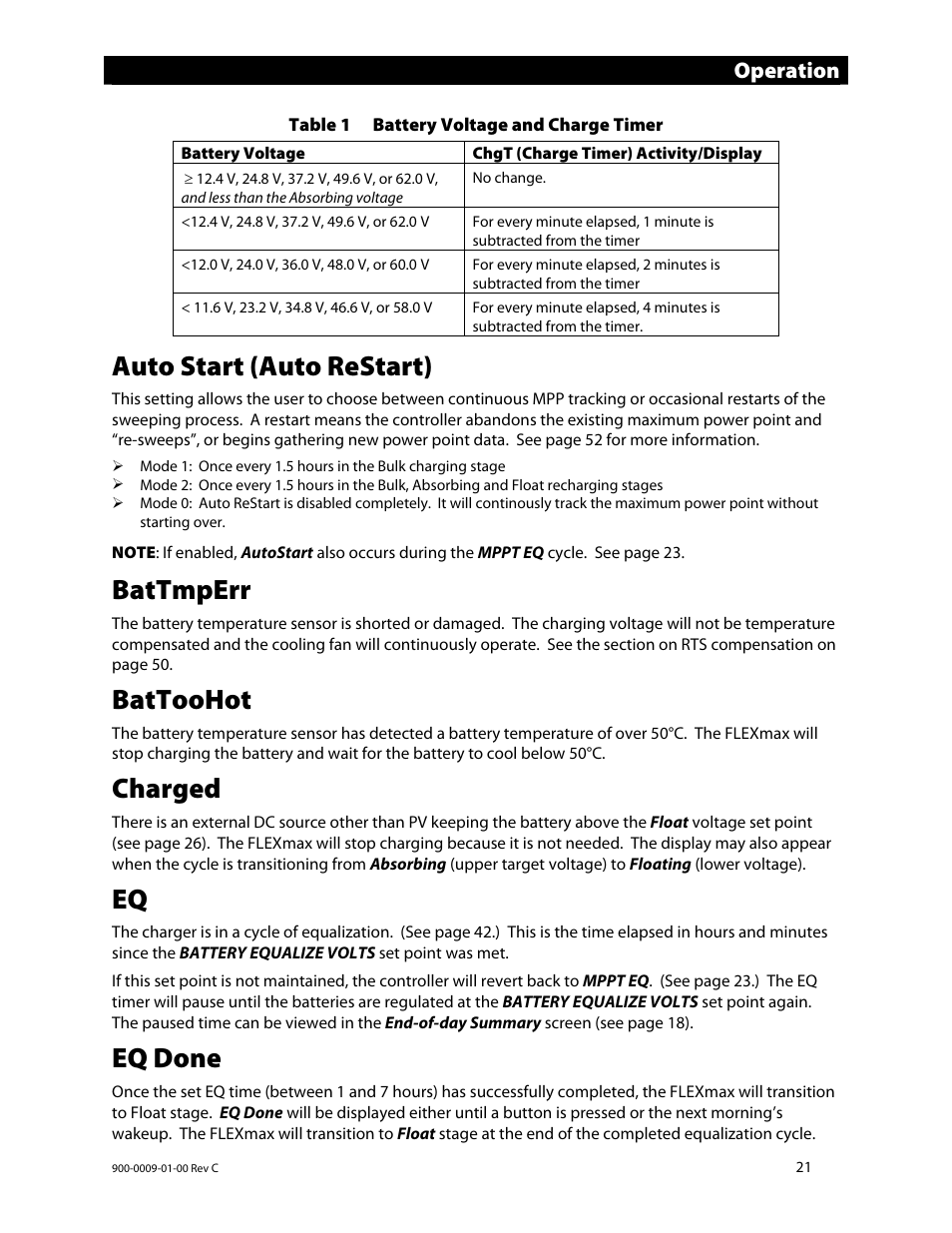 Auto start (auto restart), Battmperr, Battoohot | Charged, Eq done, Operation | Outback Power Systems FLEXmax 80 Owners Manual User Manual | Page 23 / 112