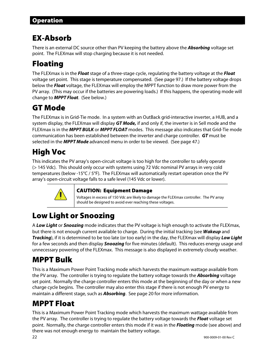 Ex-absorb, Floating, Gt mode | High voc, Low light or snoozing, Mppt bulk, Mppt float | Outback Power Systems FLEXmax 80 Owners Manual User Manual | Page 24 / 112