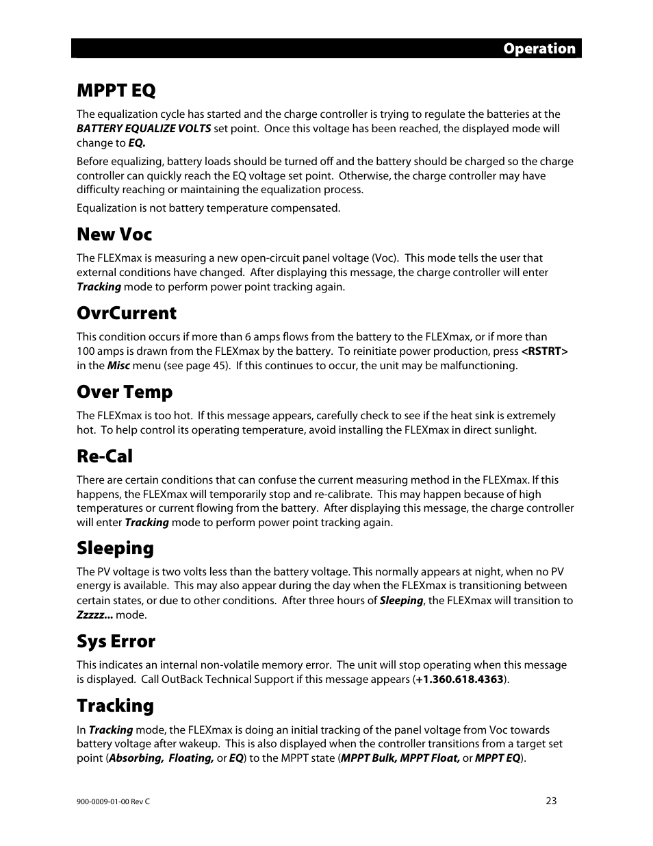 Mppt eq, New voc, Ovrcurrent | Over temp, Re-cal, Sleeping, Sys error, Tracking | Outback Power Systems FLEXmax 80 Owners Manual User Manual | Page 25 / 112