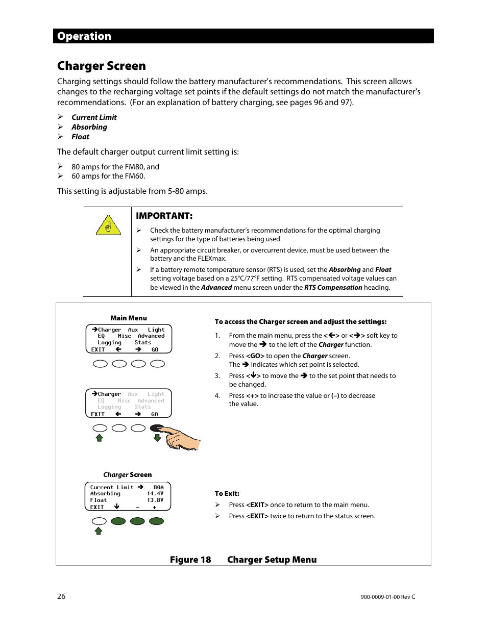 Charger screen, Operation | Outback Power Systems FLEXmax 80 Owners Manual User Manual | Page 28 / 112