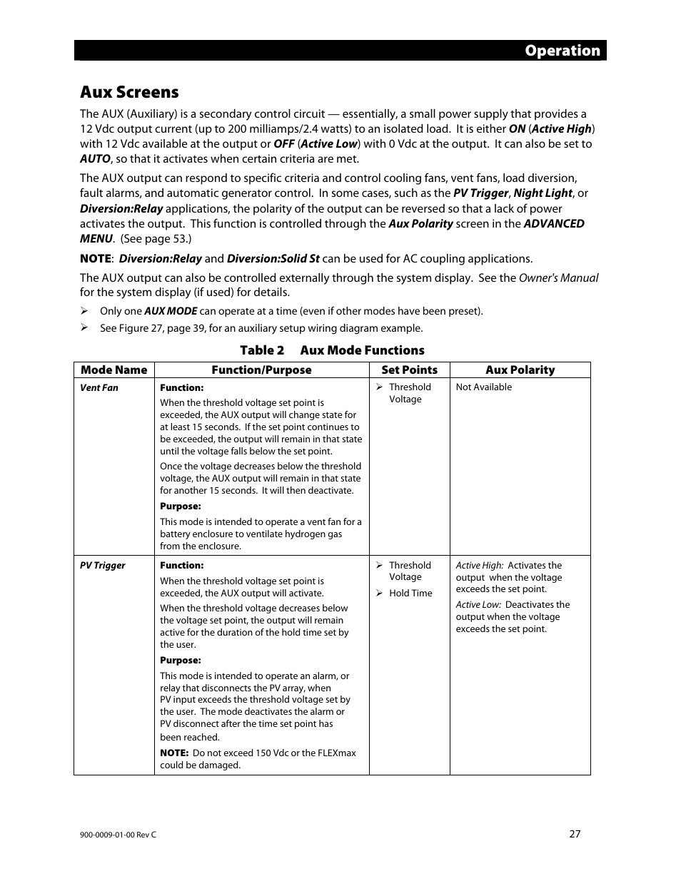 Aux screens, Operation | Outback Power Systems FLEXmax 80 Owners Manual User Manual | Page 29 / 112