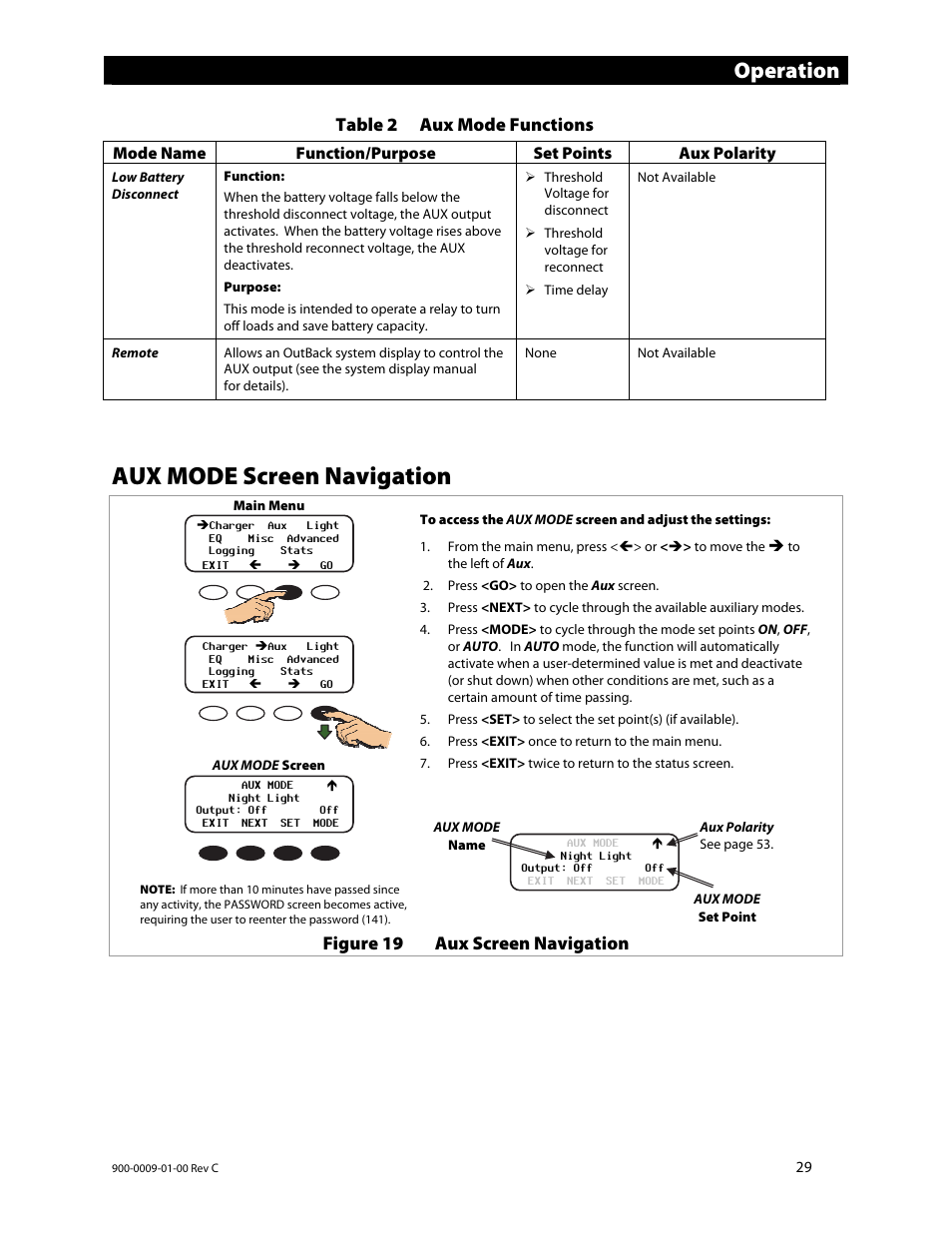 Aux mode screen navigation, Operation, Table 2 aux mode functions | Figure 19 aux screen navigation | Outback Power Systems FLEXmax 80 Owners Manual User Manual | Page 31 / 112