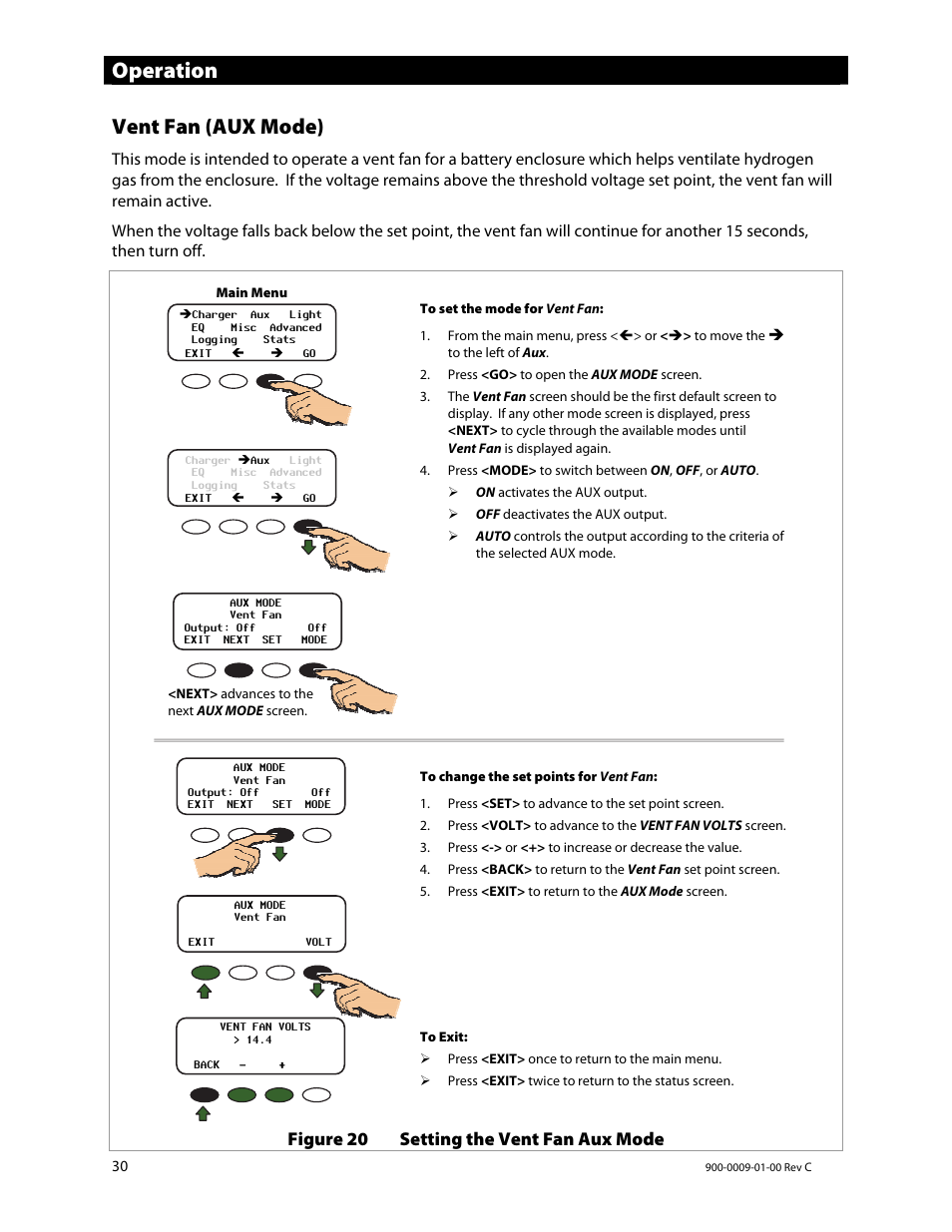 Operation, Vent fan (aux mode), Figure 20 setting the vent fan aux mode | Outback Power Systems FLEXmax 80 Owners Manual User Manual | Page 32 / 112