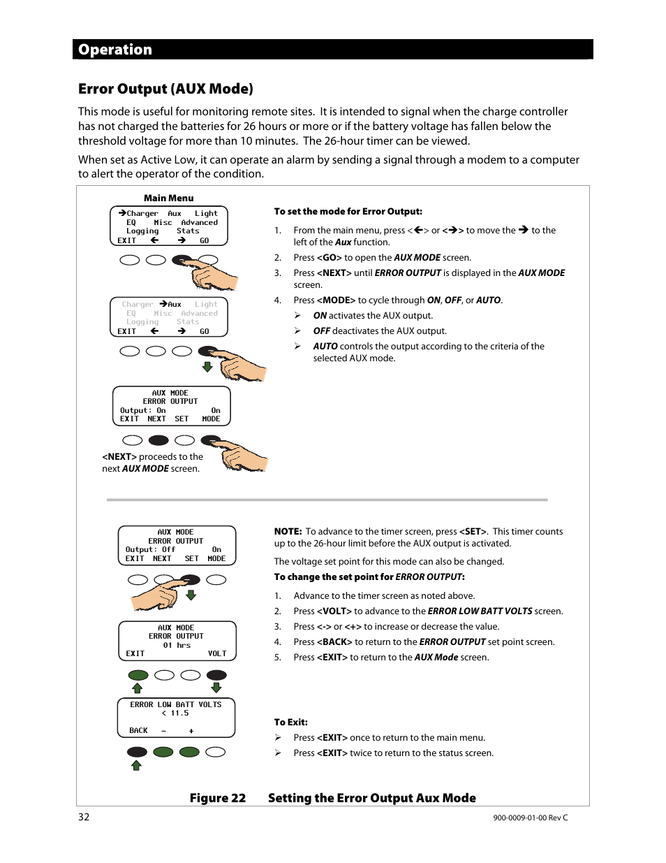 Operation, Error output (aux mode), Figure 22 setting the error output aux mode | Outback Power Systems FLEXmax 80 Owners Manual User Manual | Page 34 / 112