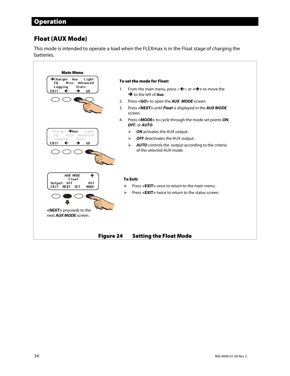 Operation, Float (aux mode), Figure 24 setting the float mode | Outback Power Systems FLEXmax 80 Owners Manual User Manual | Page 36 / 112