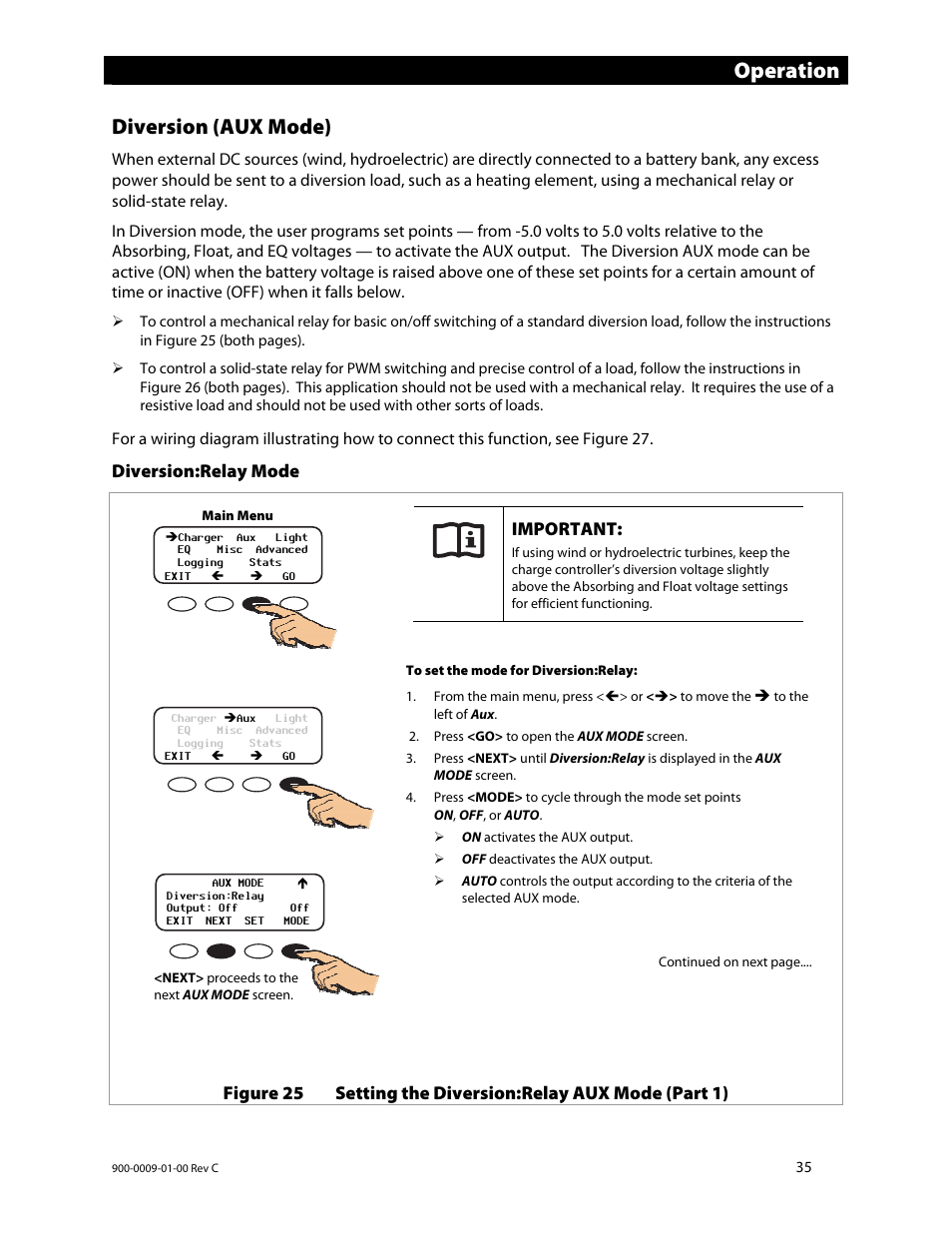 Operation, Diversion (aux mode) | Outback Power Systems FLEXmax 80 Owners Manual User Manual | Page 37 / 112