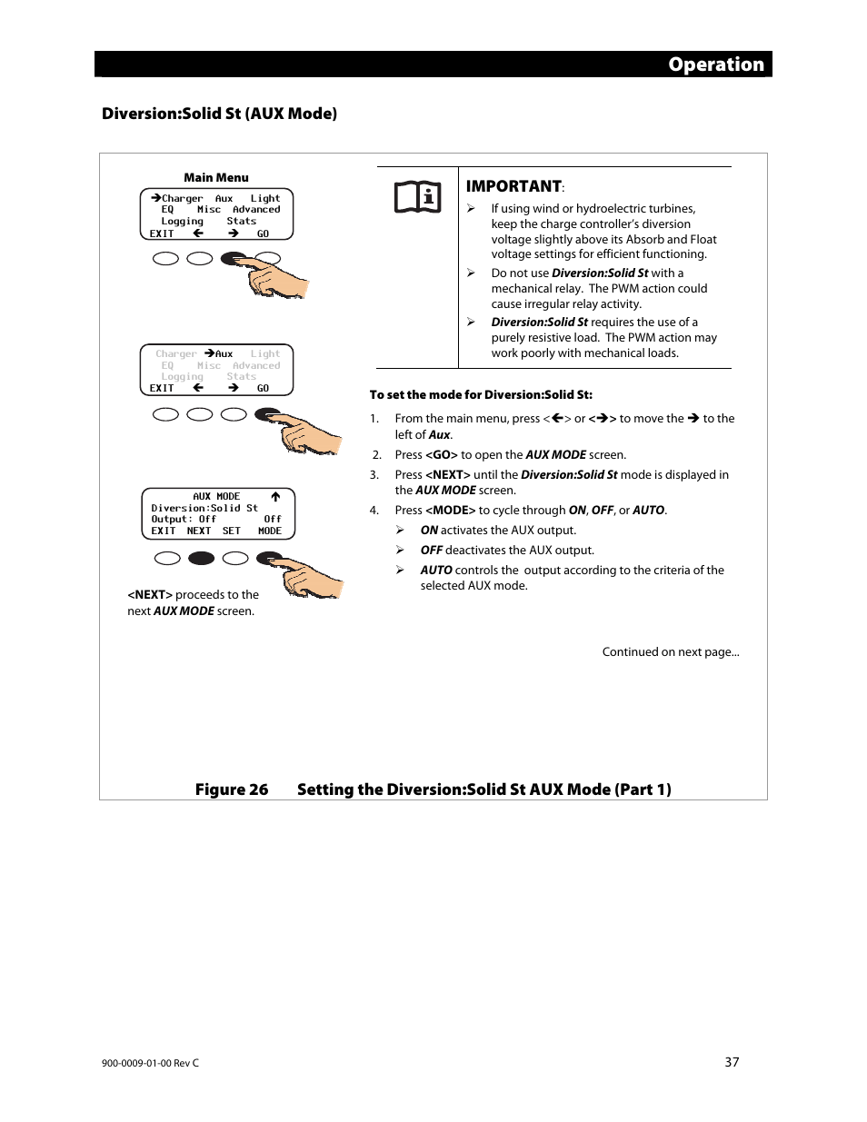 Operation, Diversion:solid st (aux mode), Important | Outback Power Systems FLEXmax 80 Owners Manual User Manual | Page 39 / 112