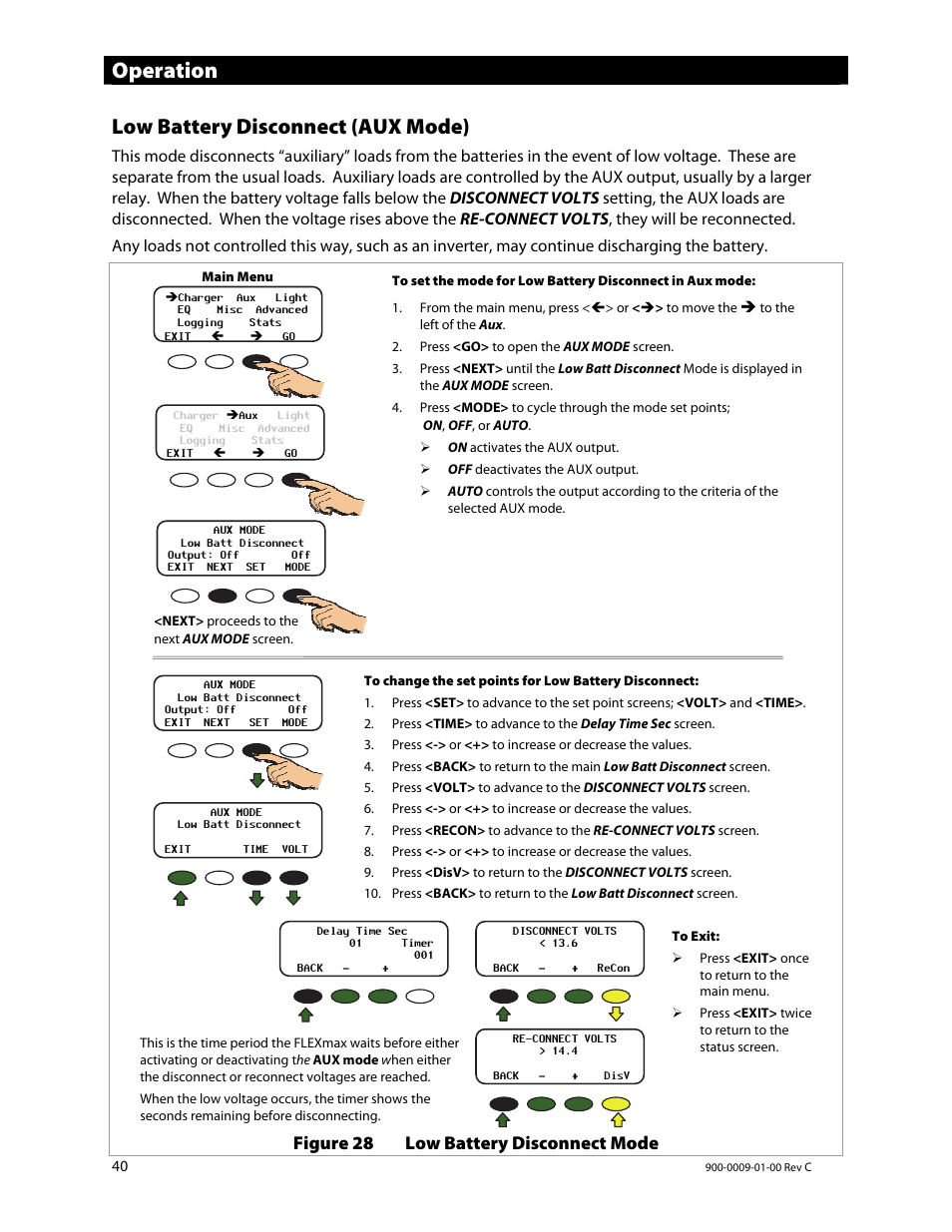 Operation, Low battery disconnect (aux mode), Figure 28 low battery disconnect mode | Outback Power Systems FLEXmax 80 Owners Manual User Manual | Page 42 / 112