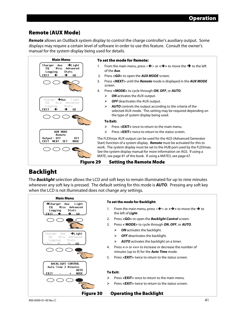 Backlight, Operation, Remote (aux mode) | Figure 29 setting the remote mode, Figure 30 operating the backlight | Outback Power Systems FLEXmax 80 Owners Manual User Manual | Page 43 / 112