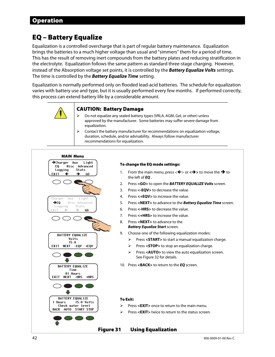 Eq – battery equalize, Operation, Caution: battery damage | Figure 31 using equalization | Outback Power Systems FLEXmax 80 Owners Manual User Manual | Page 44 / 112