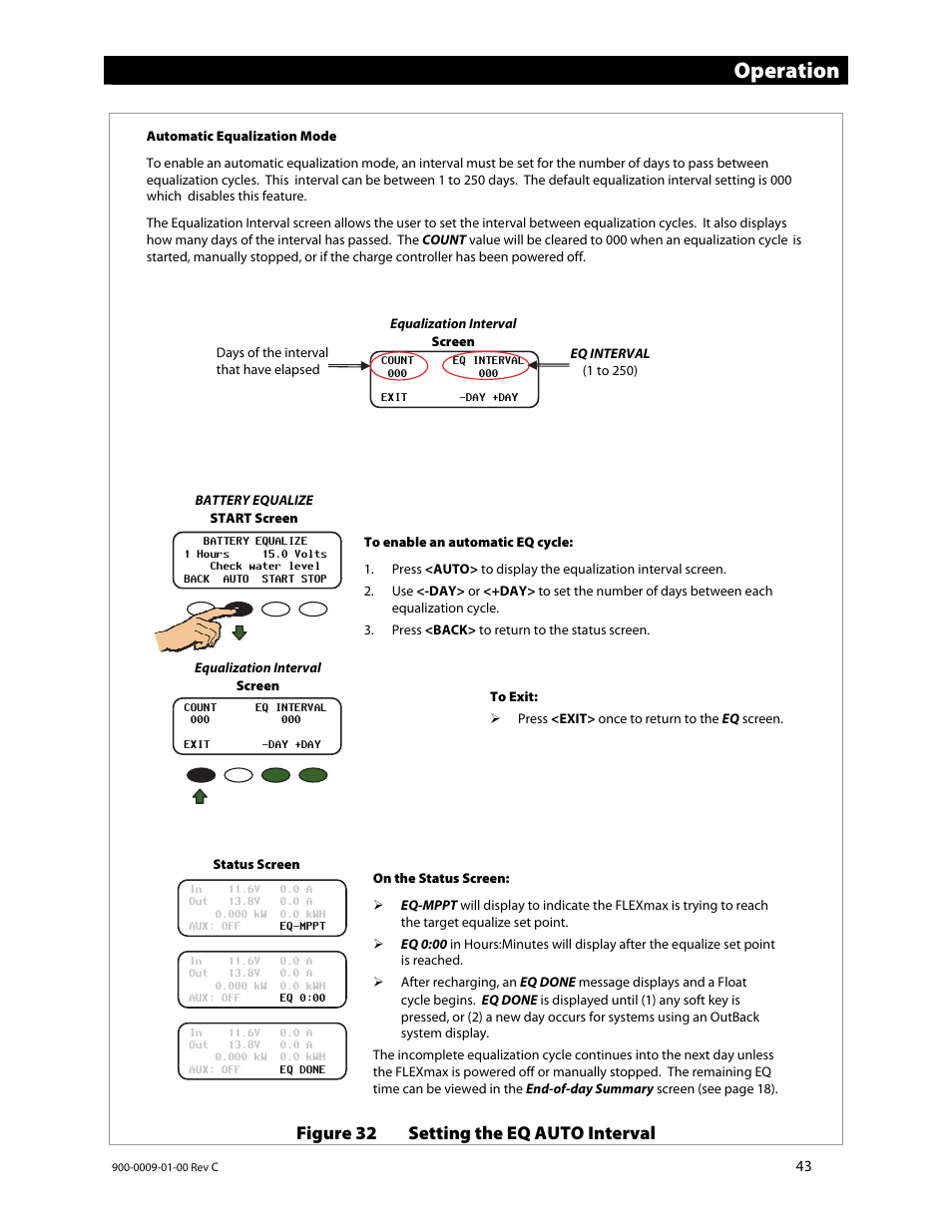 Operation, Figure 32 setting the eq auto interval | Outback Power Systems FLEXmax 80 Owners Manual User Manual | Page 45 / 112