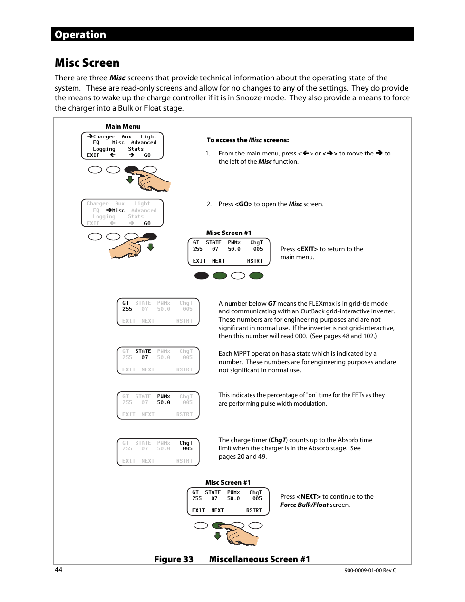 Misc screen, Operation, Figure 33 miscellaneous screen #1 | Outback Power Systems FLEXmax 80 Owners Manual User Manual | Page 46 / 112